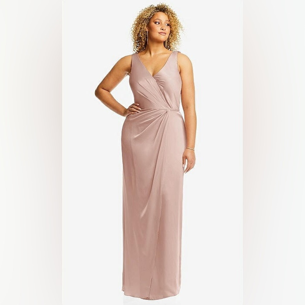 After Six Sleeveless Satin Faux Wrap Gown in Toasted Sugar, Size 18